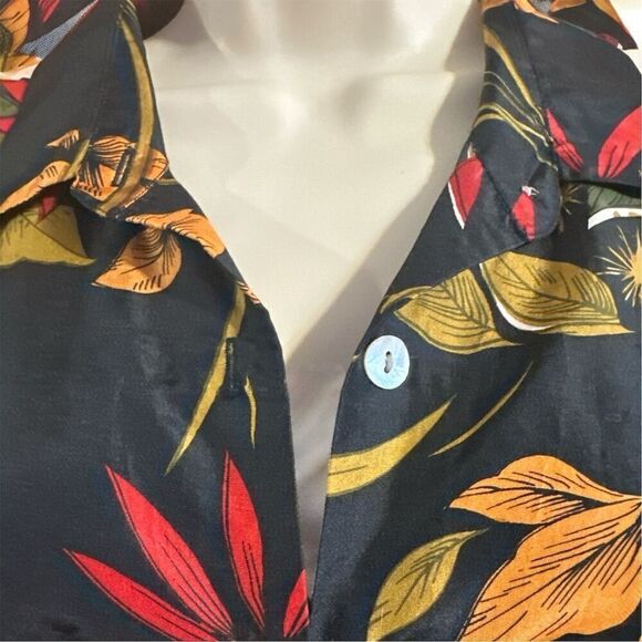 COACO Women's Black Tropical Print Floral Silk Blouse Long Sleeve Button Down - Picture 4 of 8